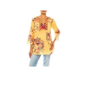 Vintage Goa NWT Blouse Size M Yellow Floral Boho Embroidered
